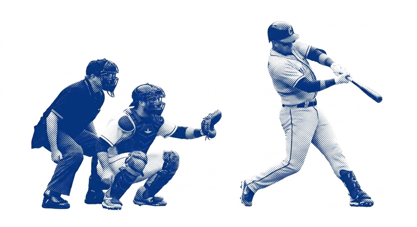 Umpire, catcher, and a batter mid-swing in halftone print