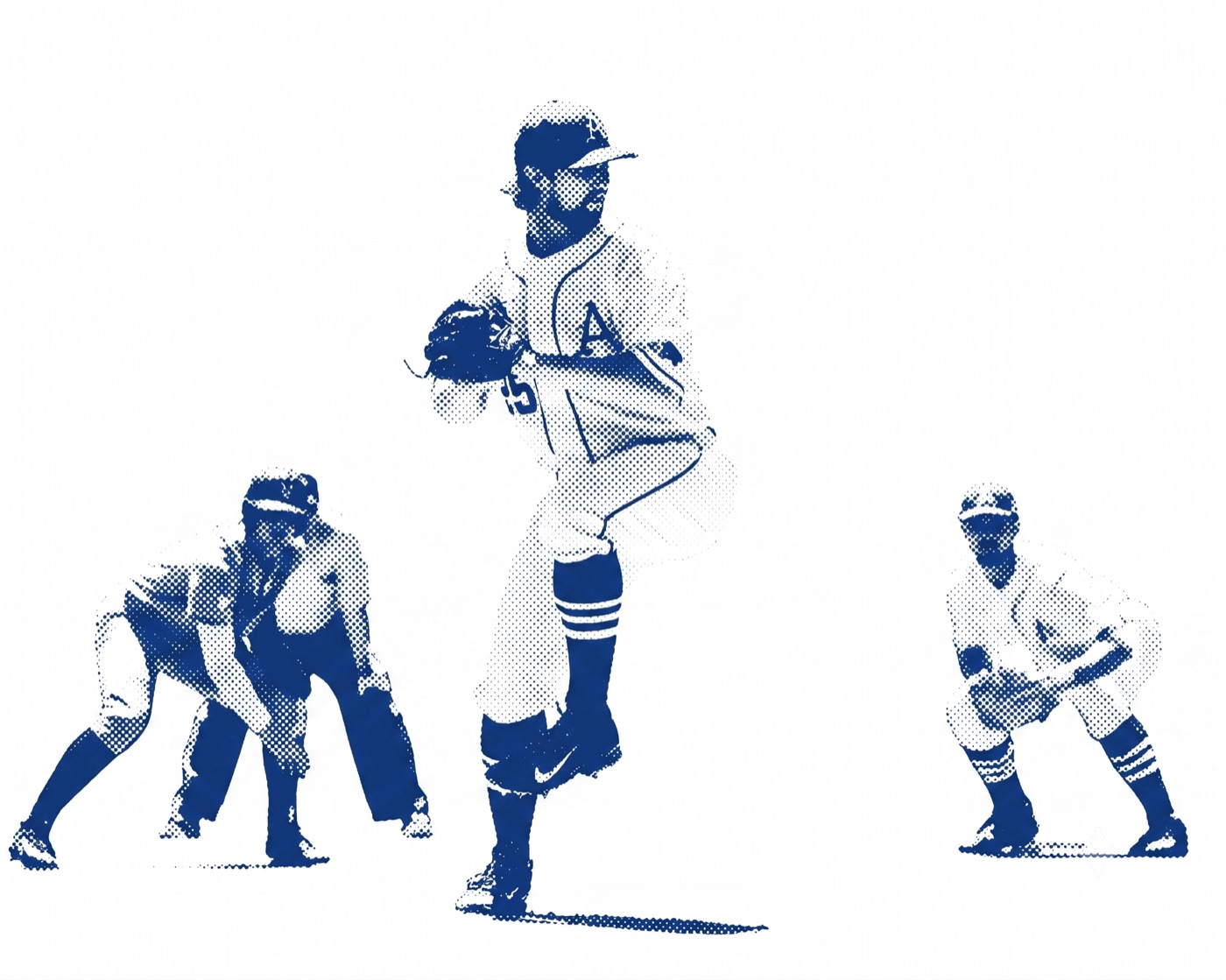 A pitcher and infielders in halftone print